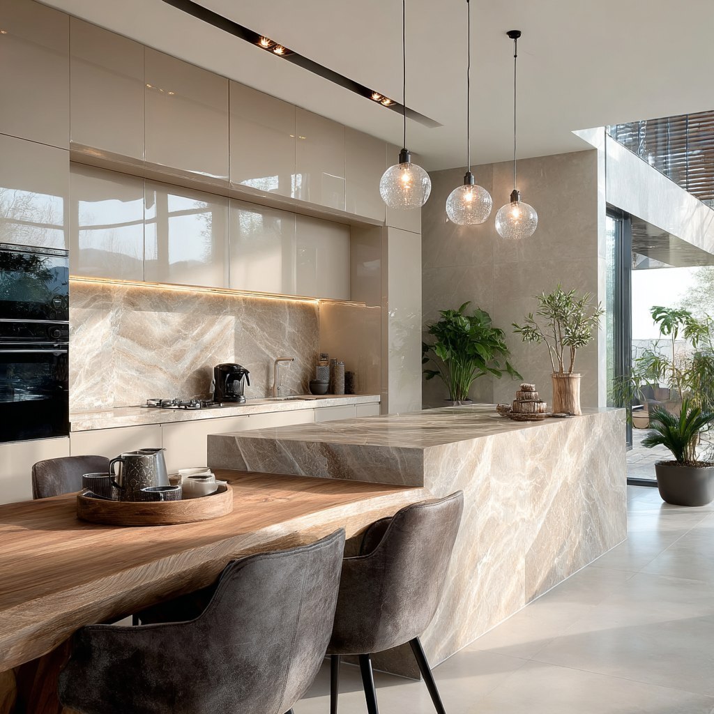 Фартук для кухни в тёплом серо-бежевом цвете