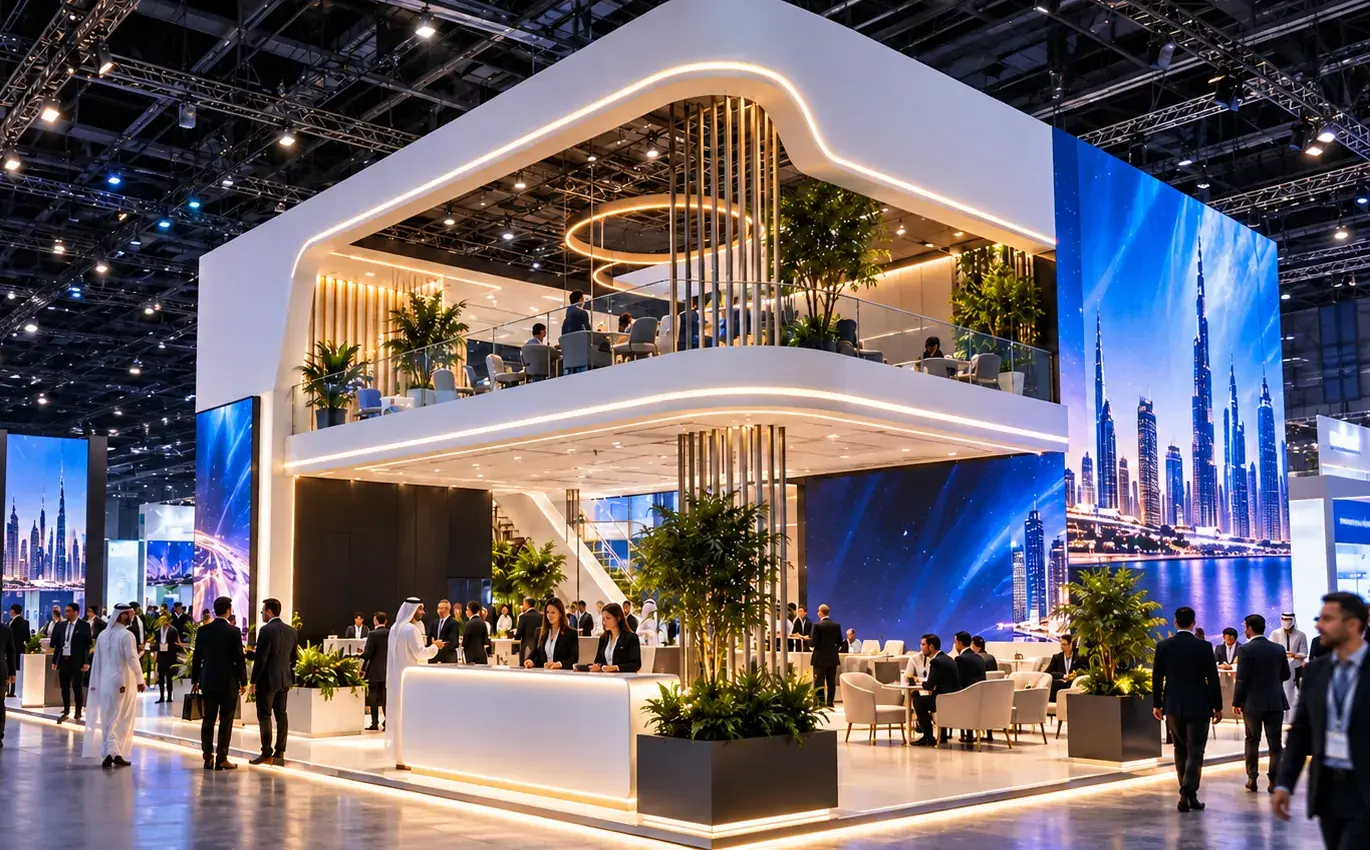 Two-level custom exhibition stand with meeting deck, LED walls and reception counter