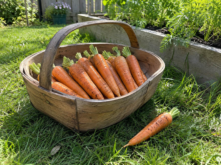 Trug of full-size straight carrots after a successful harvest