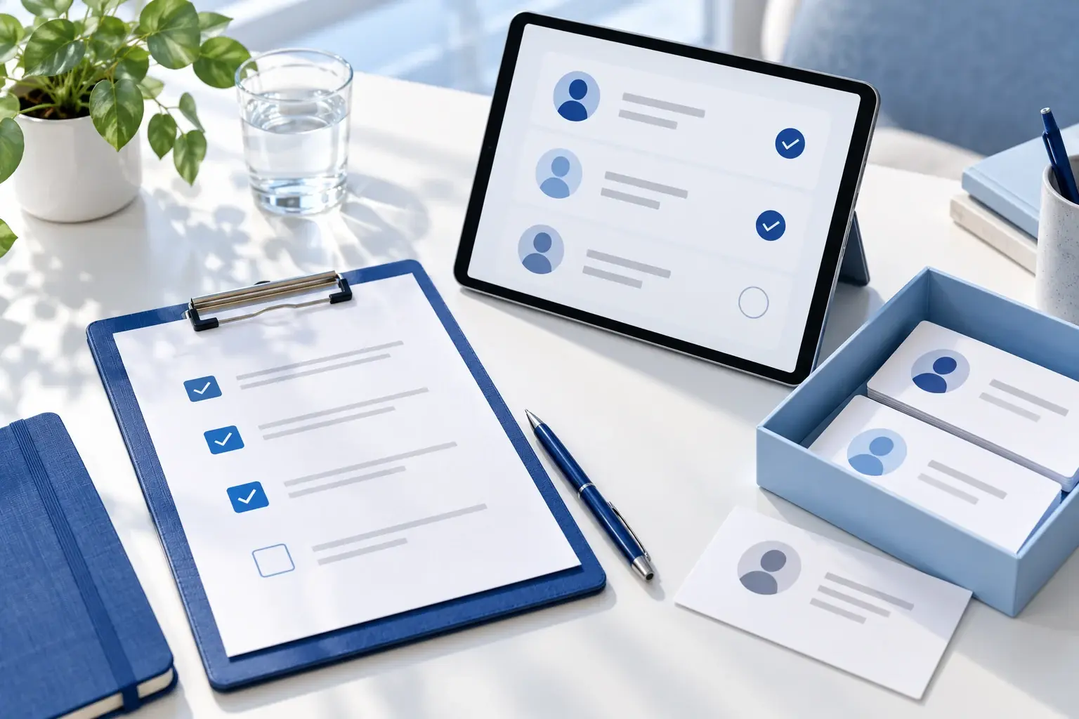 Concept illustration: A search brief on paper and tablet showing anonymous ranked profile cards with short matching reasons.
