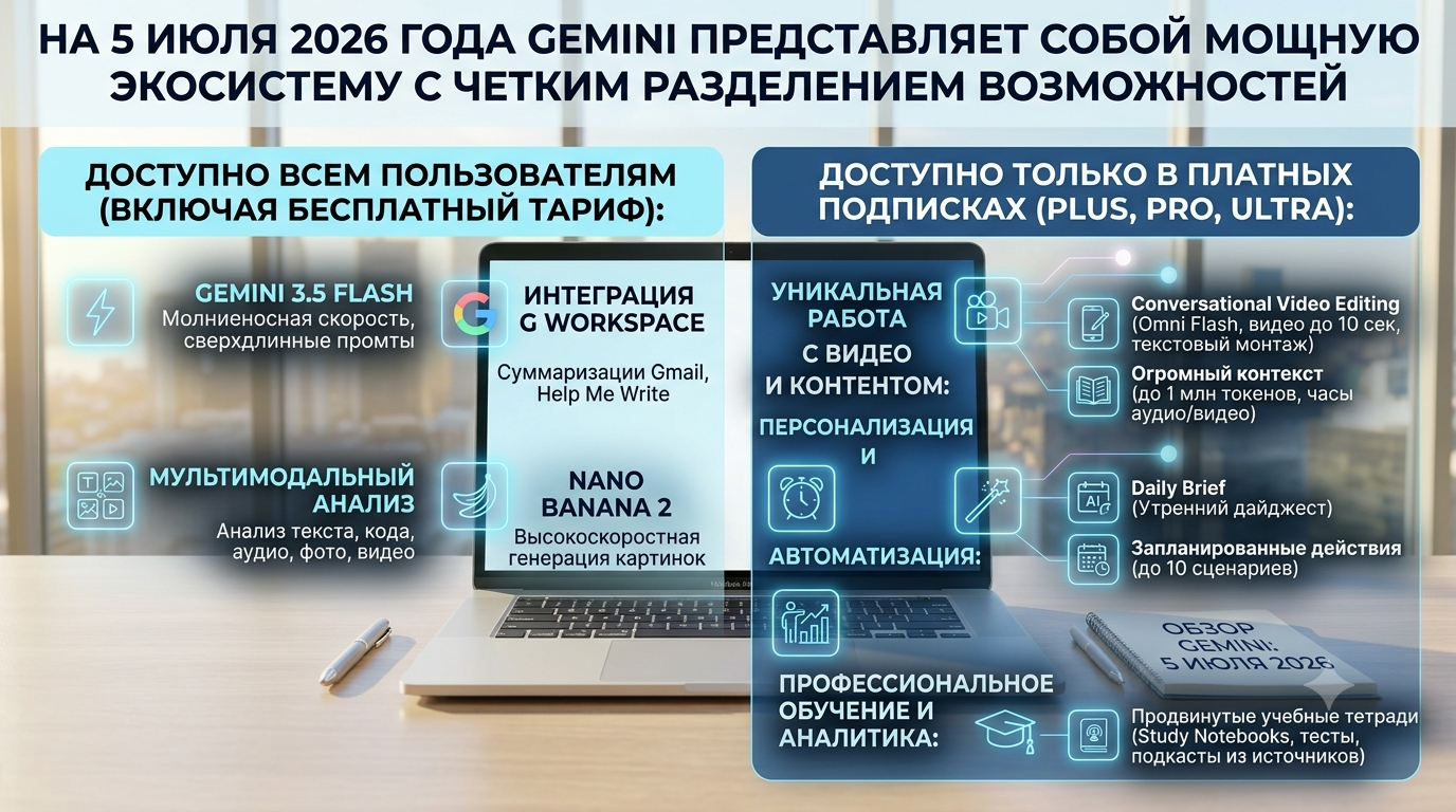 Детальный разбор продвинутых возможностей платных подписок Gemini. Схема включает Conversational Video Editing, контекст до 1 млн токенов, Daily Brief, Scheduled Actions и Study Notebooks