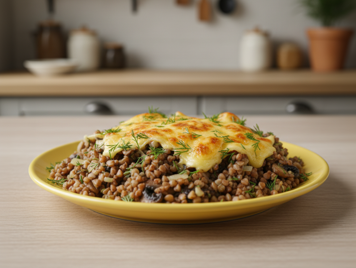 Готовая гречка с шампиньонами, луком и расплавленным сыром в сливочном соусе на тарелке.