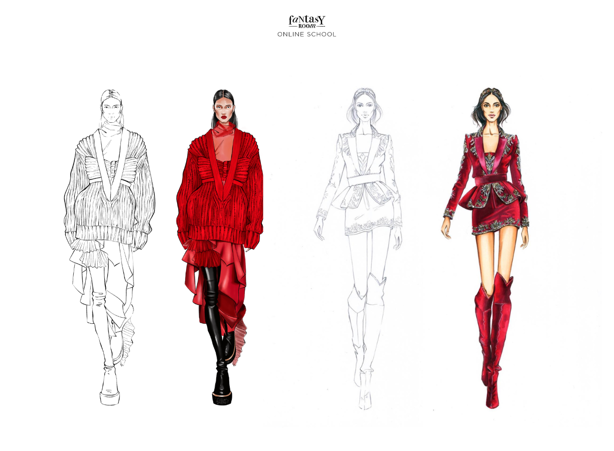 Beginner fashion illustration relying on color compared with structured black and white sketch