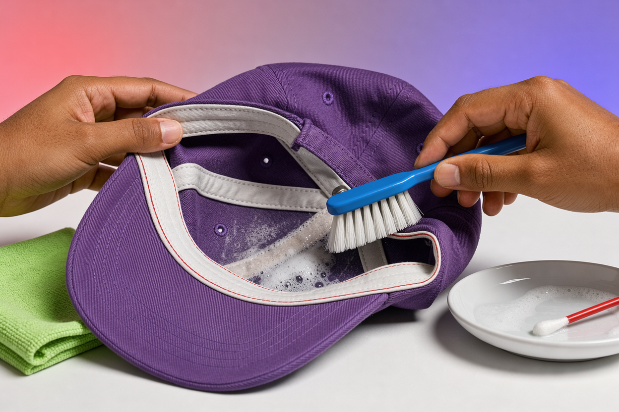 close-up of hands spot-cleaning a fabric cap with a soft brush and mild foam, emphasis on sweatband and textured fabric, no logos or brand names