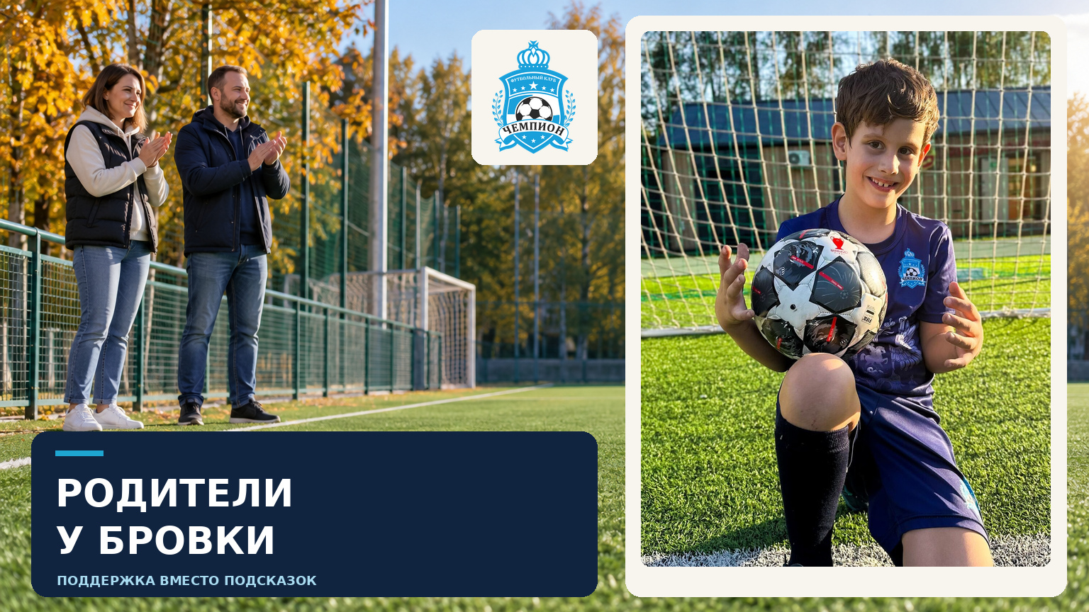 Родители поддерживают ребёнка: редакционный коллаж с оригинальной фотографией игрока ФК «Чемпион»