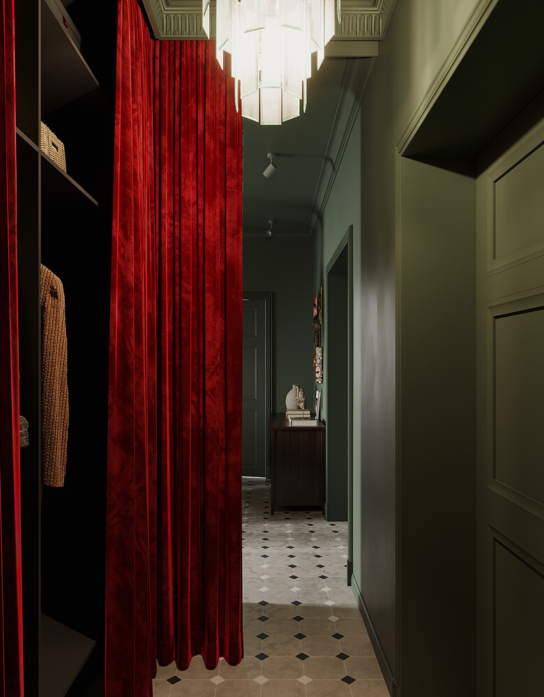 Элегантный коридор с приглушенным освещением, зелеными стенами, черно-белым кафельным полом и красной бархатной занавеской. В конце коридора стоит деревянный комод с декором