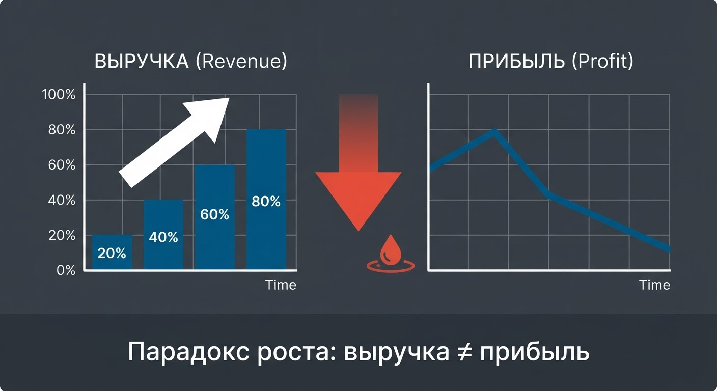 Парадокс роста: Выручка растет – прибыль падает.