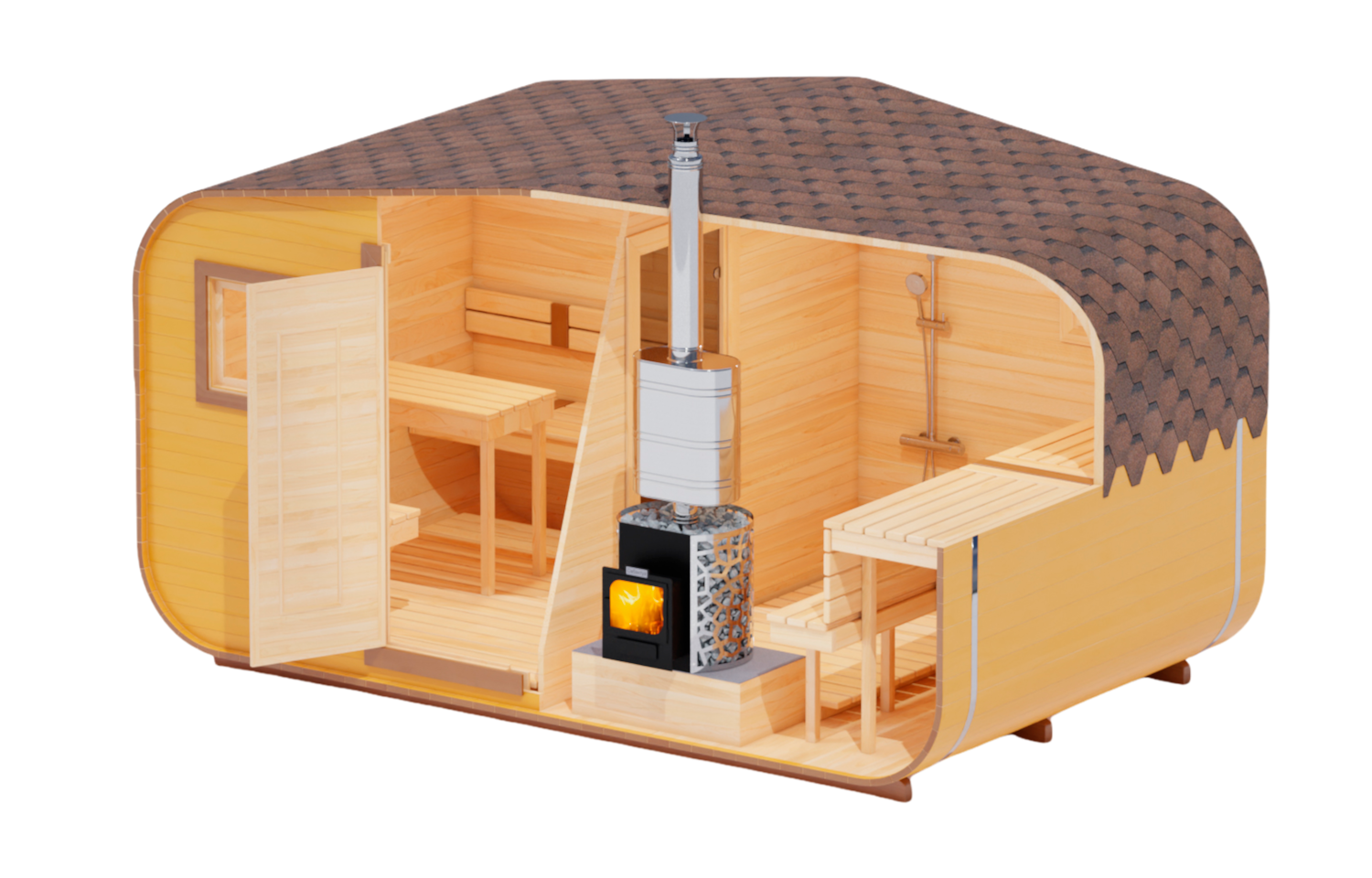 Трёхсекционная квадро-овальная баня-бочка 4,0 × 4,0 м из кедра