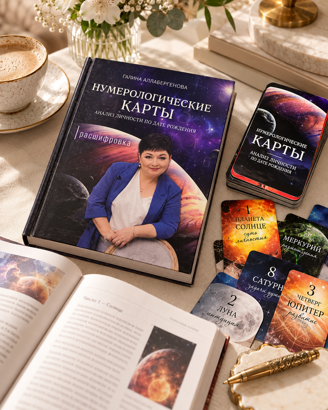 Авторские карты Анализ даты рождения и книга с расшифровками на столе