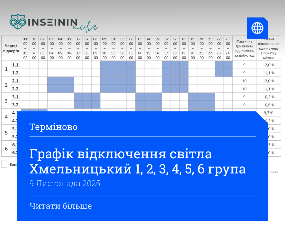 Графік відключення світла Хмельницький 1, 2, 3, 4, 5, 6 група