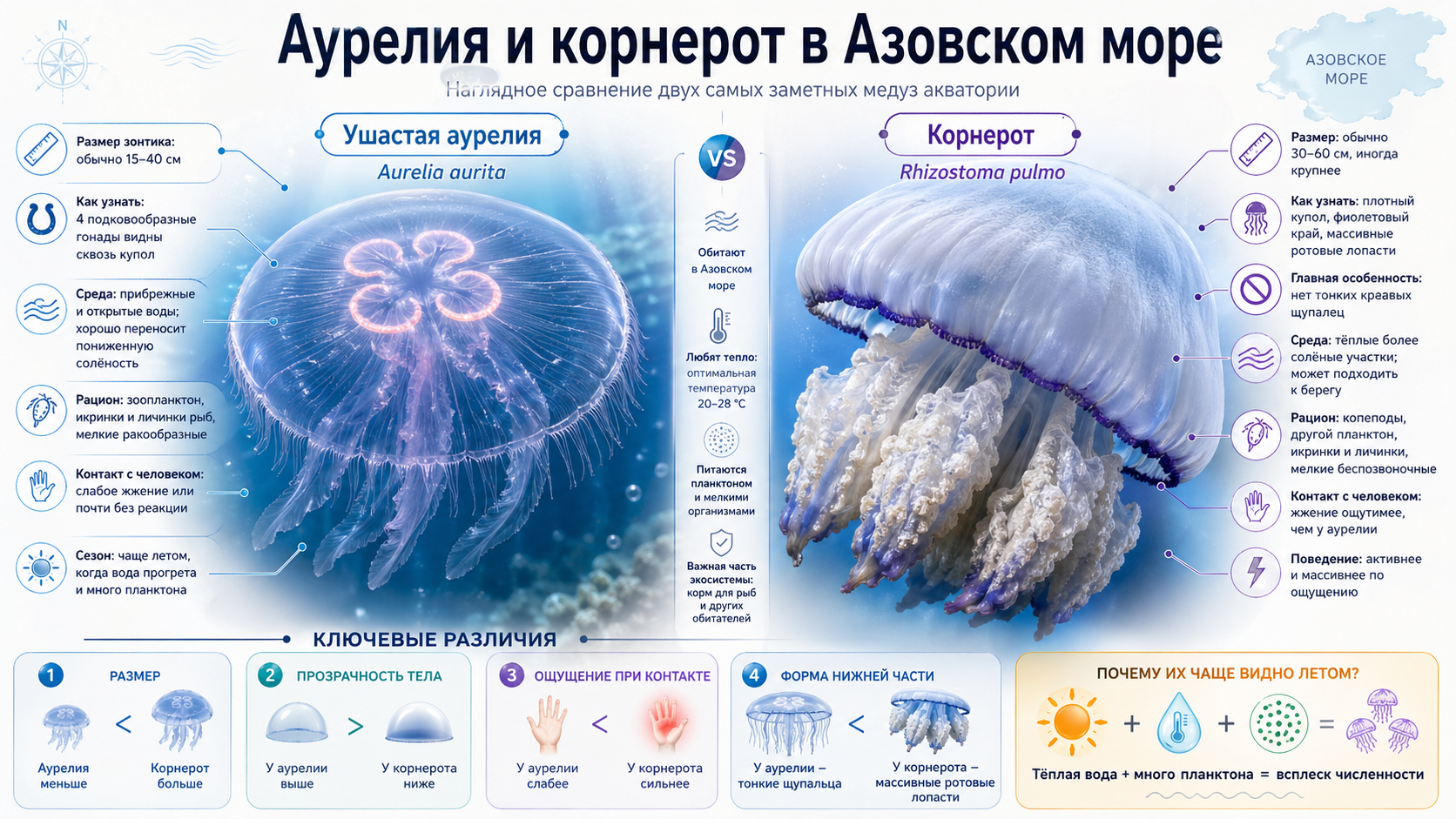 Инфографика, сравнивающая медуз аурелию и корнерота в Азовском море