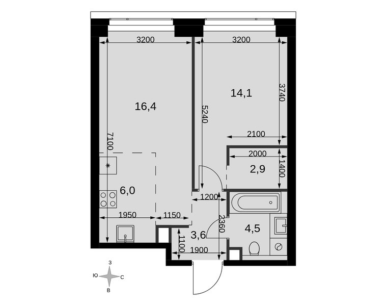 Планировка 2-комнатной квартиры 47,5 м² в ЖК «Амбер Сити»: корпус 4, секция 1, 29-й этаж
