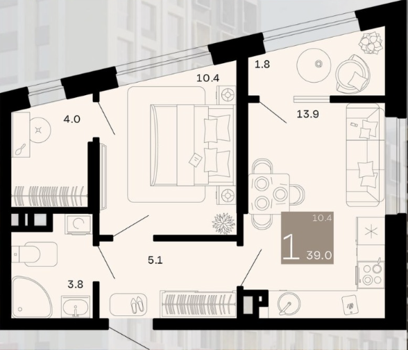 Планировка 1-комнатной квартиры 39.0 м²