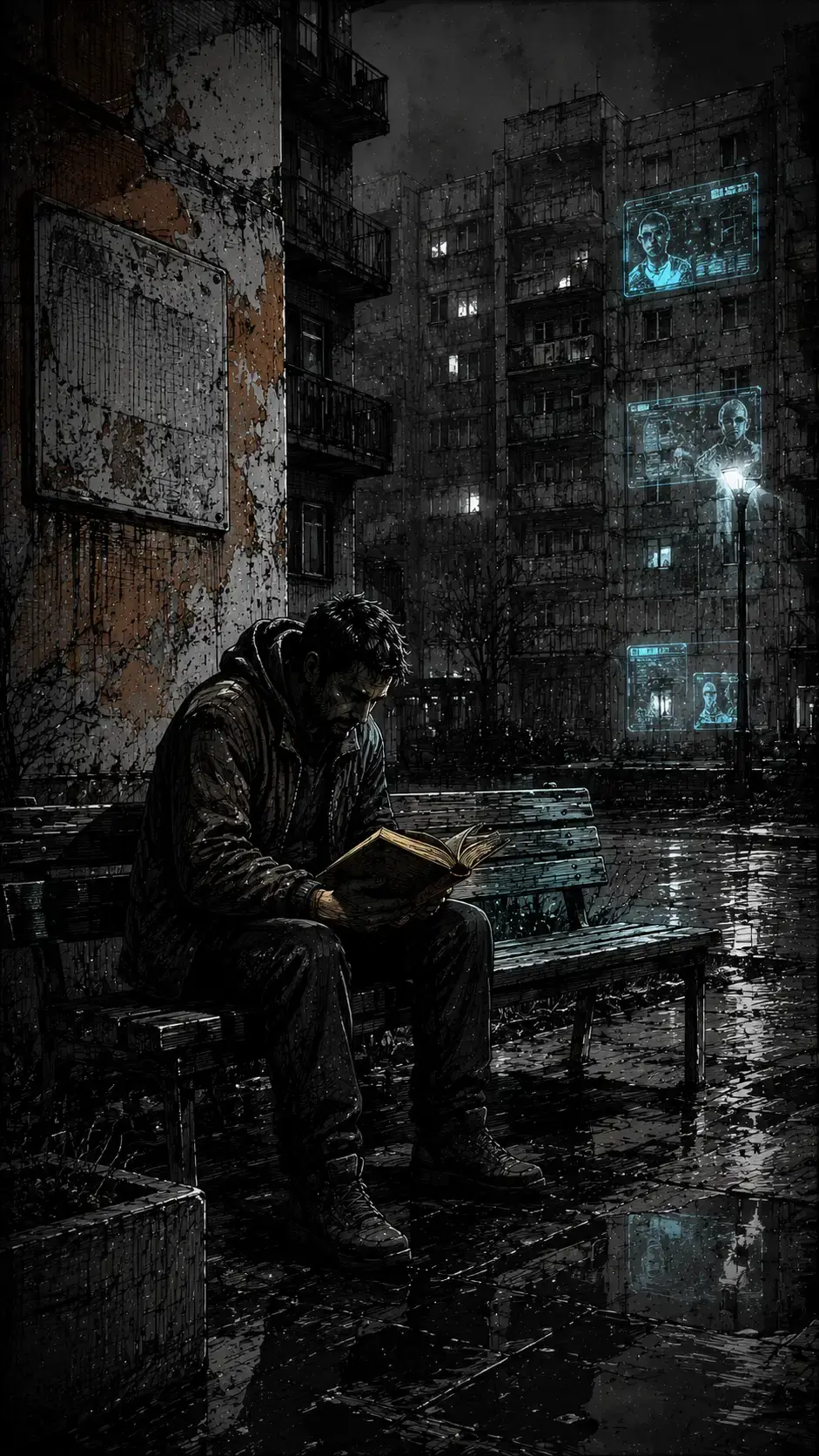 Монохромный нуар-комикс. Рука держит старую книгу с жёлтыми страницами. На фоне — серая панельная стена. Тёплый свет лампы. Вертикальный формат.