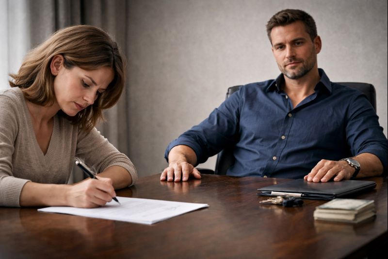 Развод без суда: женщина подписывает соглашение о разделе имущества под давлением мужа