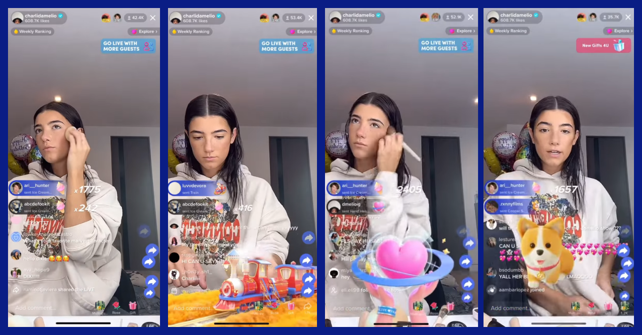 Charlie D’Amelio (one of the most famous TikToker’s in the world) often shows her makeup routine while going LIVE on TikTok. She never stops communicating with her audience and receives thousands of gifts during her live videos.