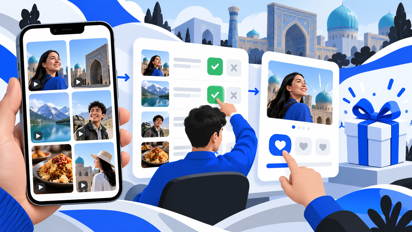 UGC 竞赛流程图，包含用户作品、审核、投票和奖品发放。