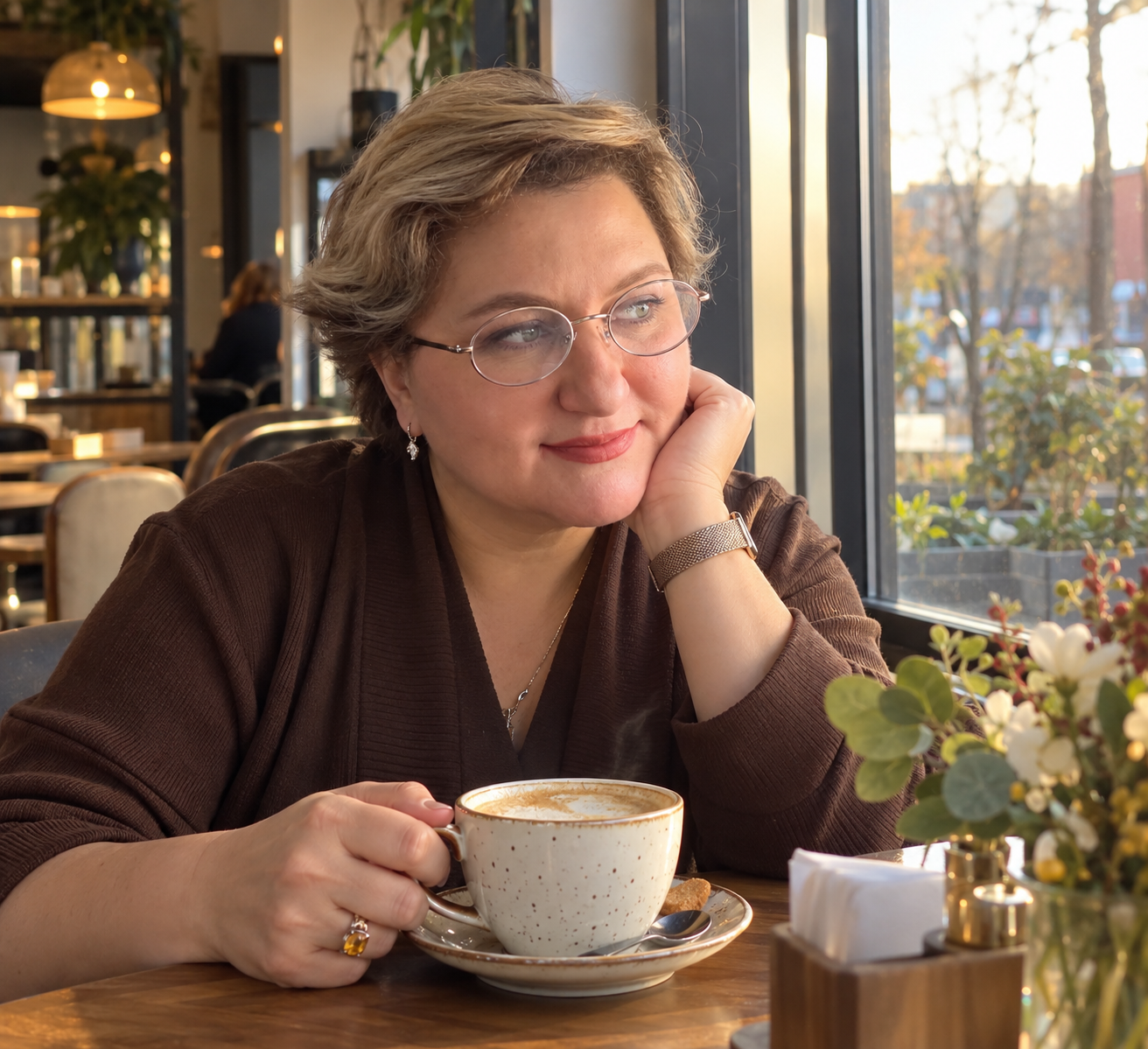 Женщина за 40 спокойно пьёт кофе одна в уютном кафе