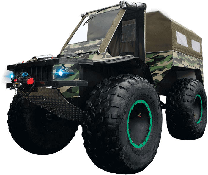 Вездеход БТХ-2 расцветки Зеленый тигр с заводскими покрышками и тентами на кабину и кузов