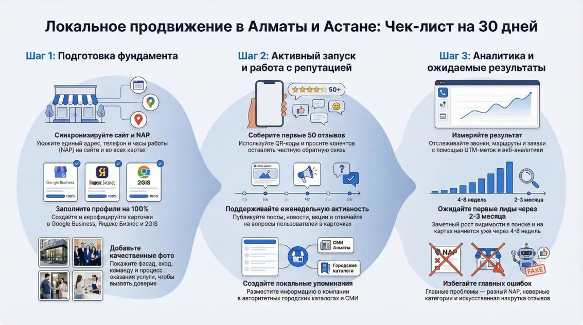 Инфографика: Локальное продвижение в Алматы и Астане - Чек-лист на 30 дней