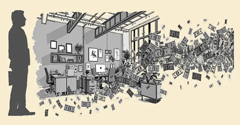 Black-and-white illustration on a beige background: on the left, a silhouette of an entrepreneur holding a briefcase; in the center, an office space; on the right, a stream of banknotes flowing from top to bottom through the office toward the entrepreneur