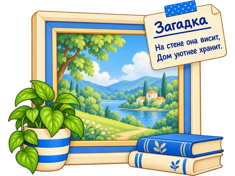 Картина с пейзажем в раме, цветок в горшке, книги и записка-загадка для домашнего квеста