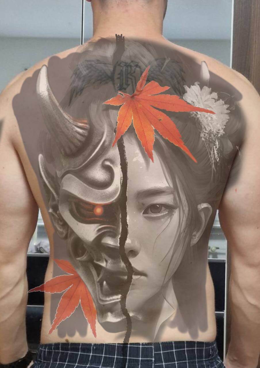 Traditional Japanese Hannya mask and woman portrait tattoo sketch, realistic full back tattoo project for men with oriental aesthetic and maple leaf details. Los Angeles.