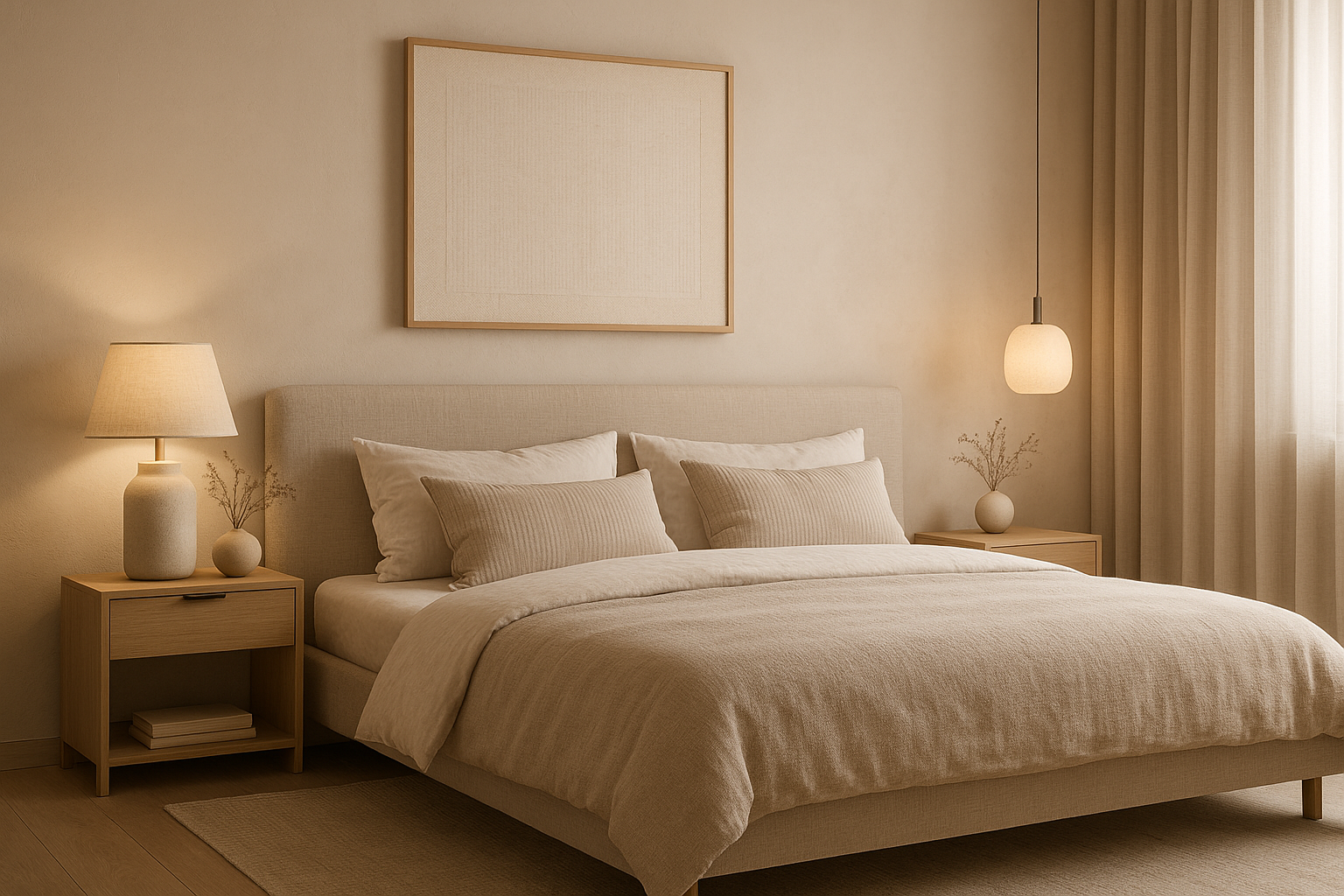 Уютная спальня с мягким светом и спокойной палитрой — интерьер для отдыха