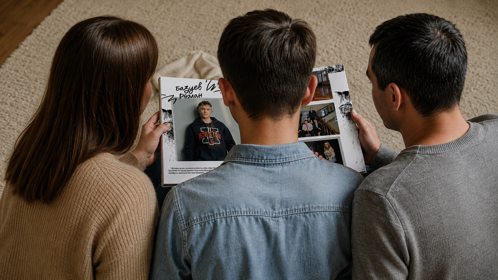 Three people viewing a photo album together
