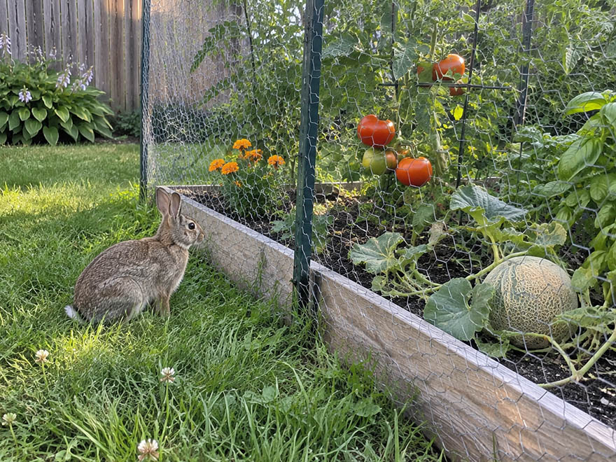 A fenced vegetable bed with a rabbit outside, showing how to protect a vegetable garden from animals