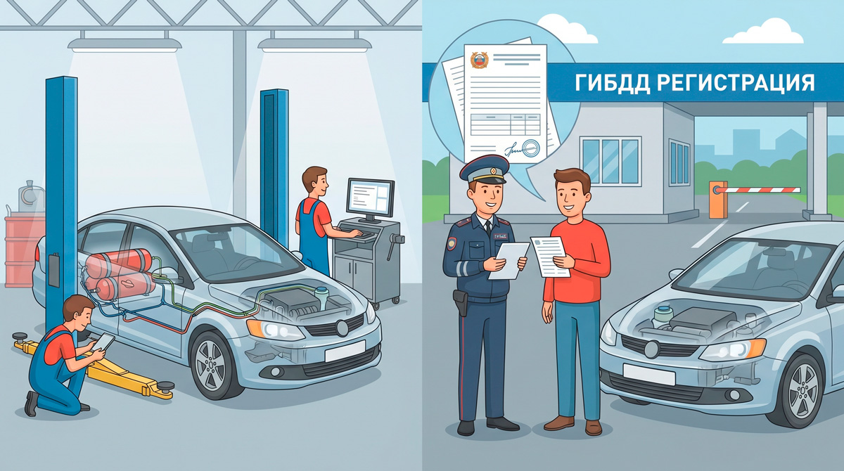Автомобиль рядом с автосервисом и сотрудником с документами, символизирующий установку ГБО и процесс регистрации в ГИБДД.