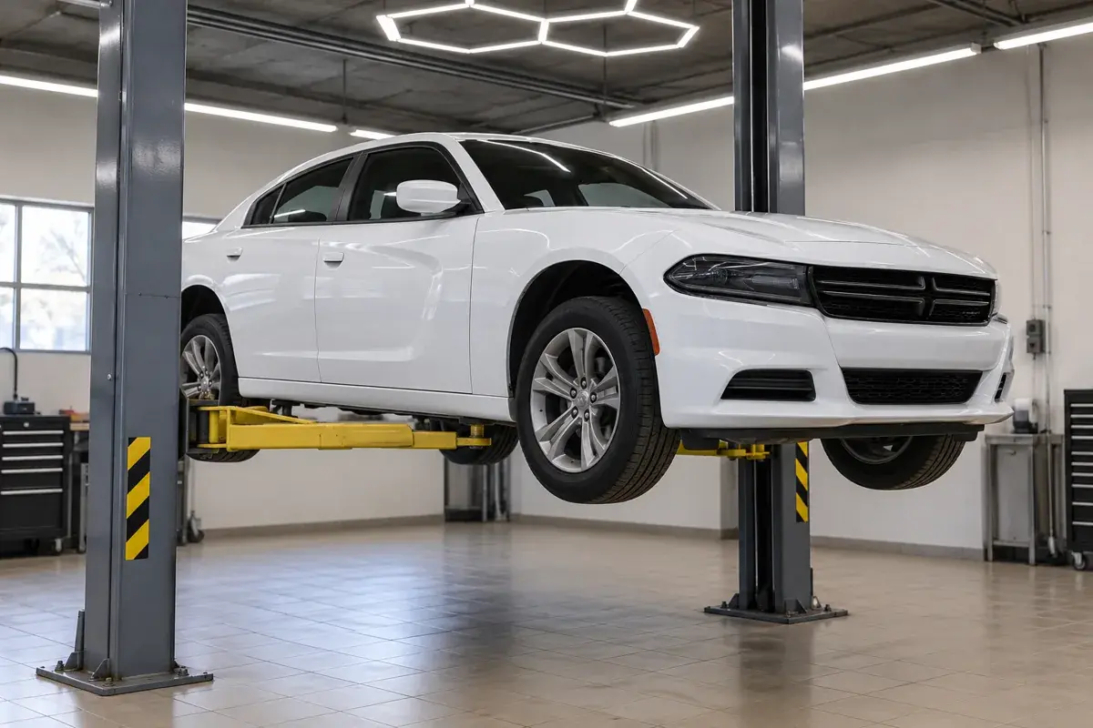 Иллюстрация: Dodge Charger на двухстоечном подъёмнике