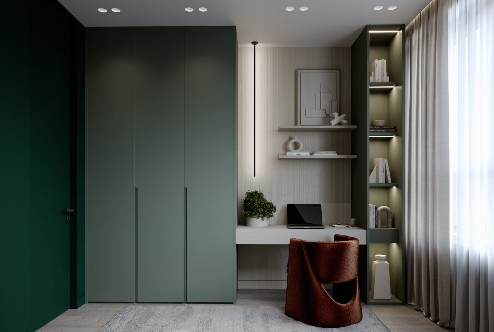 Дизайн интерьера кабинета в минималистичном стиле, с использованием натуральных оттенков