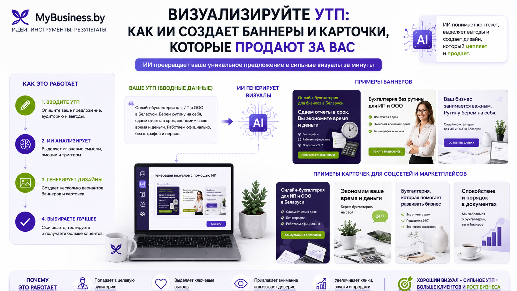 Использование искусственного интеллекта для создания продающих баннеров, рекламных креативов и карточек товаров на основе уникального торгового предложения бизнеса.
