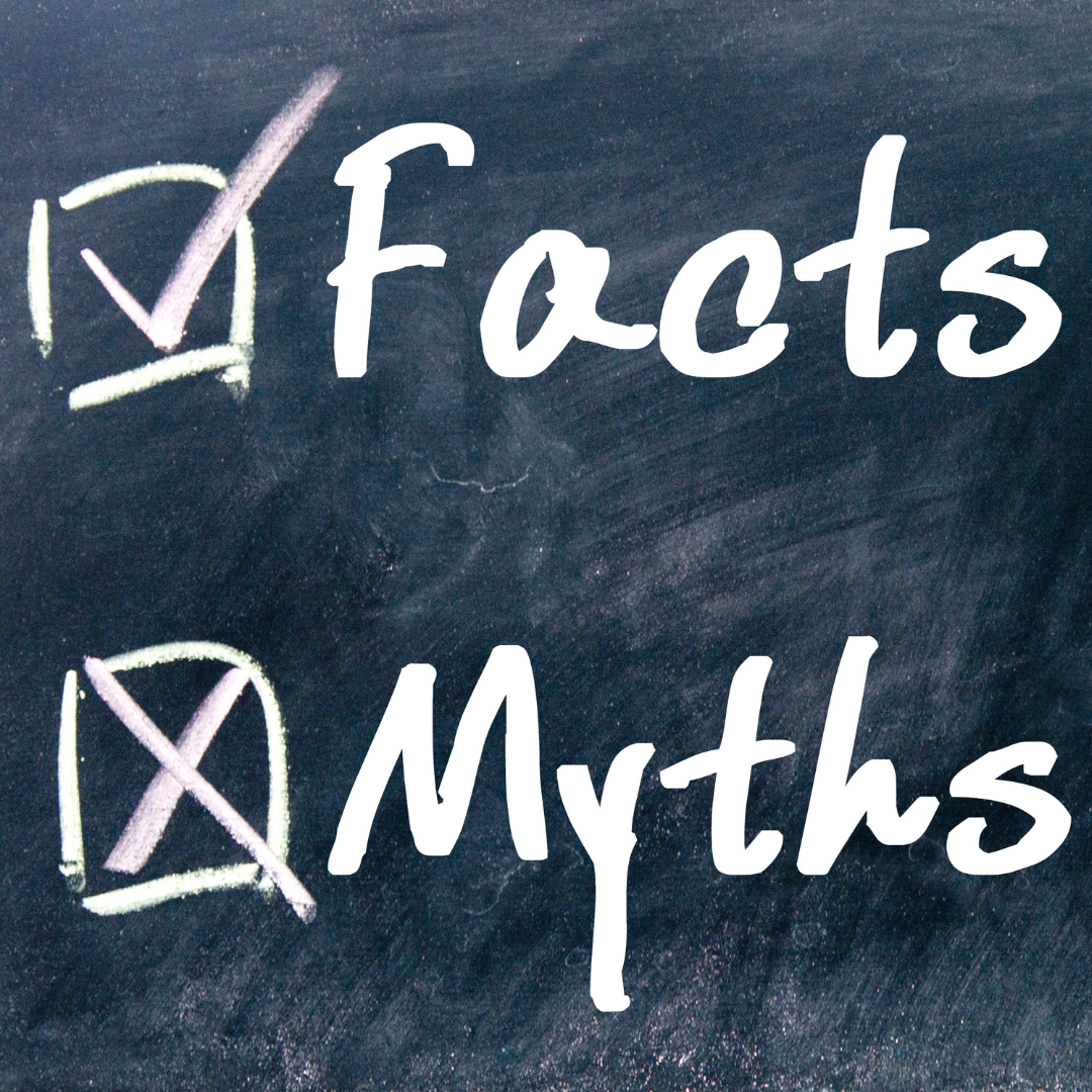 the words facts and myths written on a black chalkboard with a check mark next to facts and an x mark next to myths