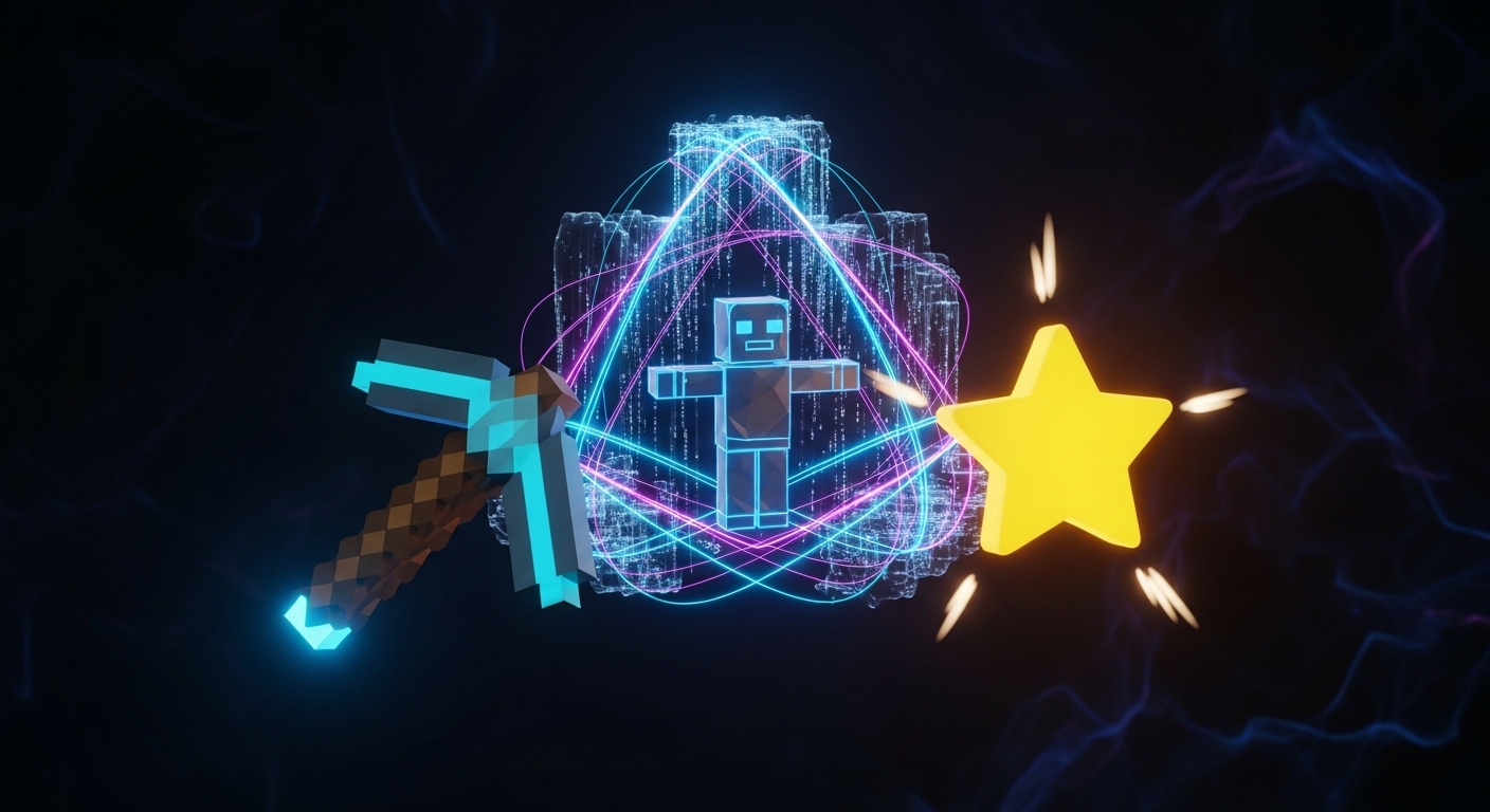 Пиксельная кирка, блочный аватар и кристалл-звезда, объединенные светящимися линиями программного кода.