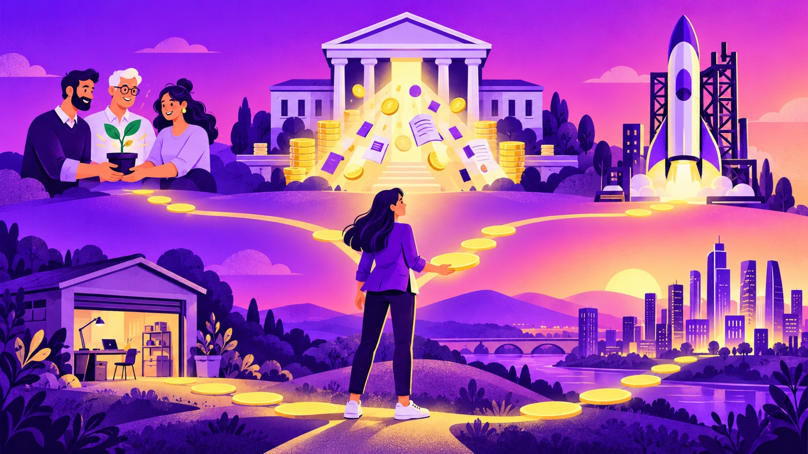 Startup funding Europe illustration: a founder connecting business angels, an EU institution and a venture capital rocket on a path from garage to scale-up