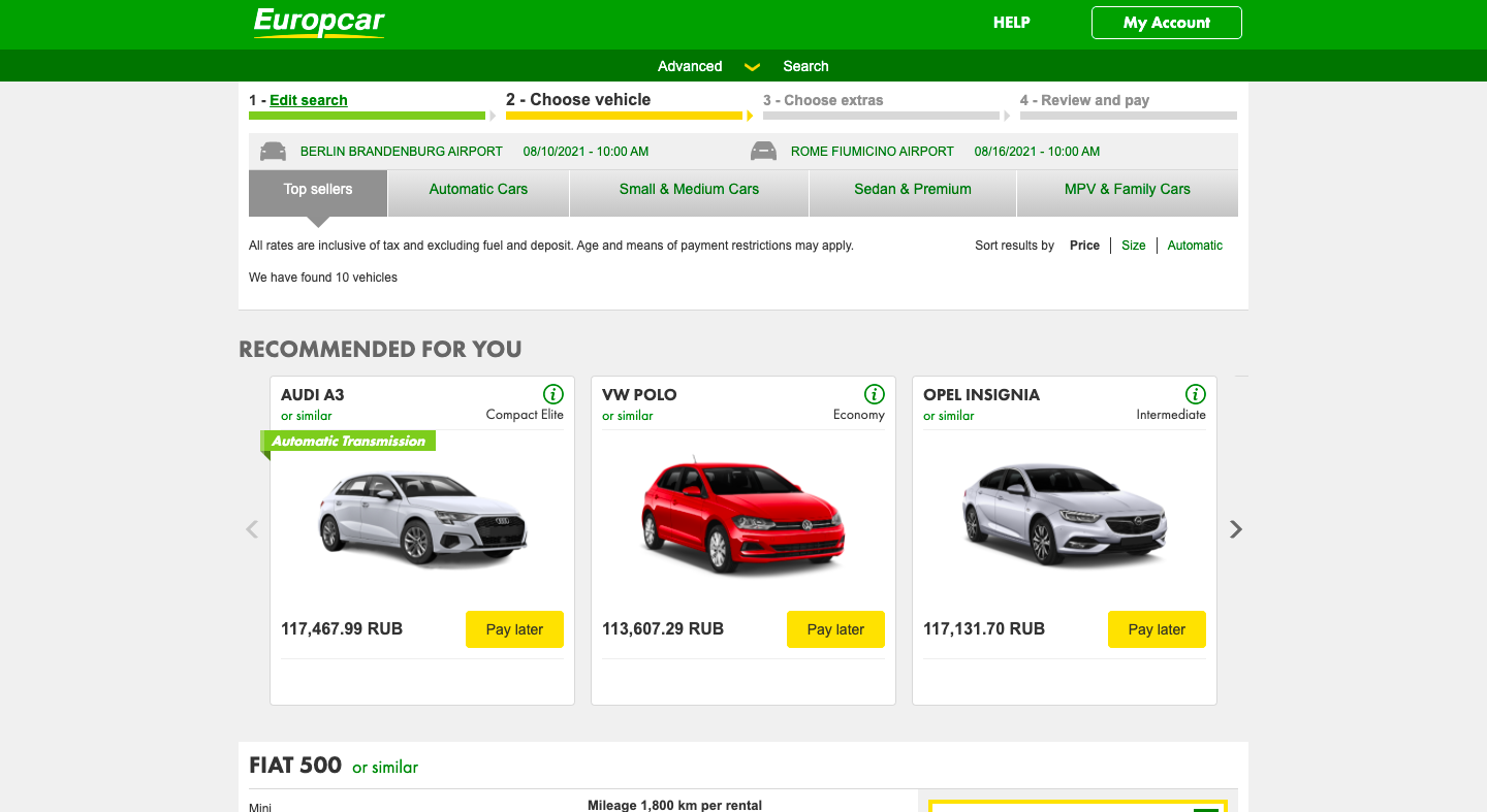 Из Берлина в Рим. Аренда на неделю. Сайт europcar.com