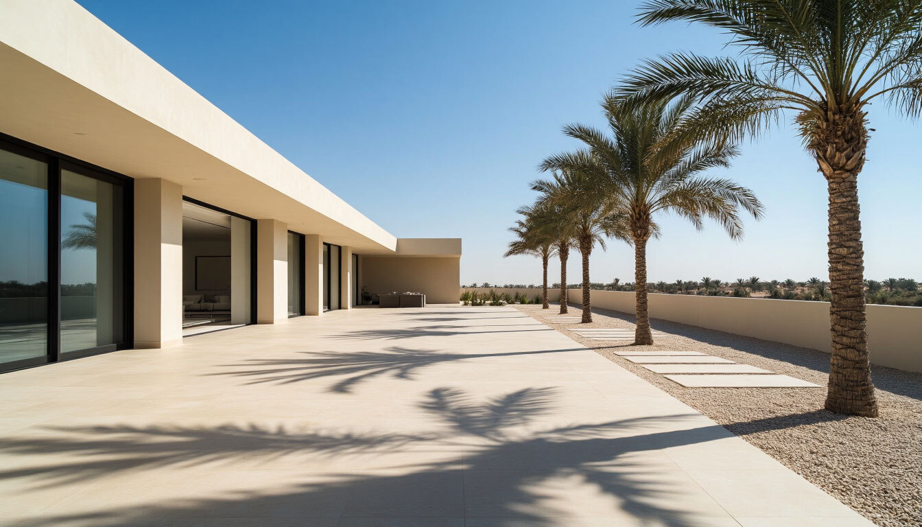 villa terrace in Dubai under intense sunlight