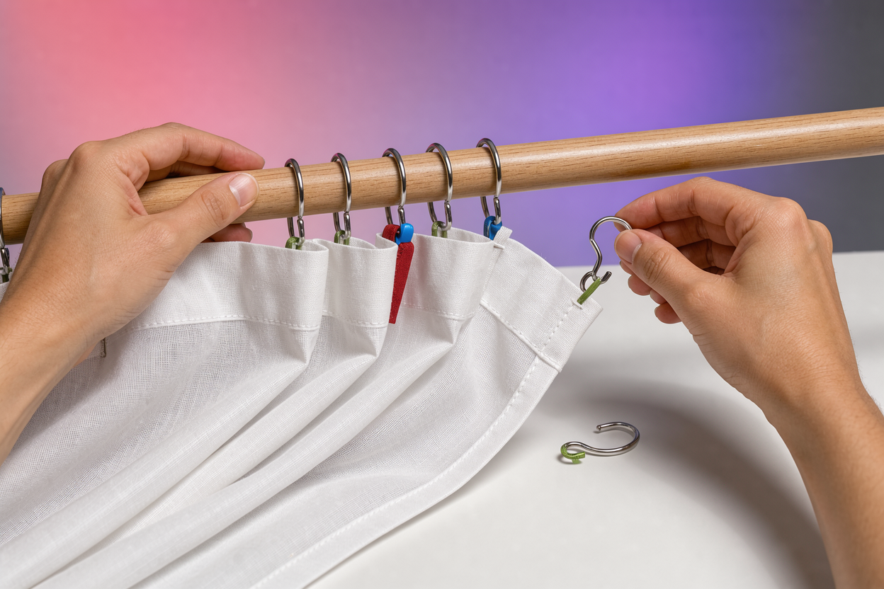 hands removing lightweight white curtain from a wooden rod, close-up on fabric texture and small metal hooks