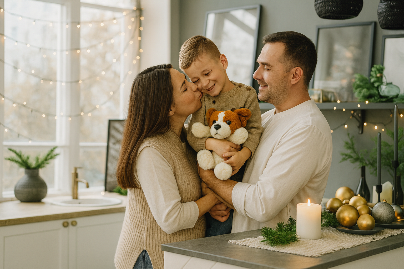 Счастливая семья дома — родители с ребёнком. Символ доверия и ценностей в браке