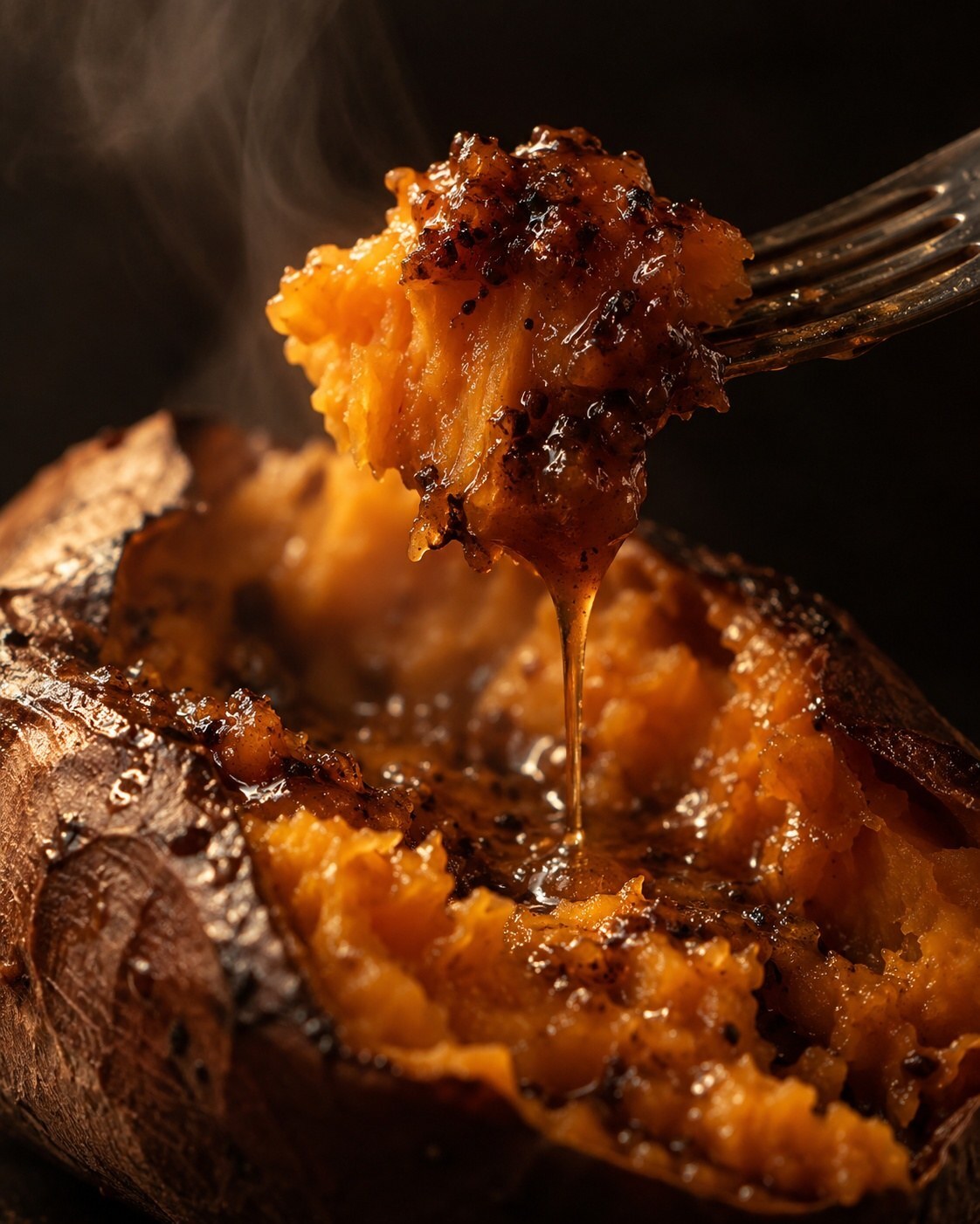 A forkful of glazed sweet potato flesh with browned specks