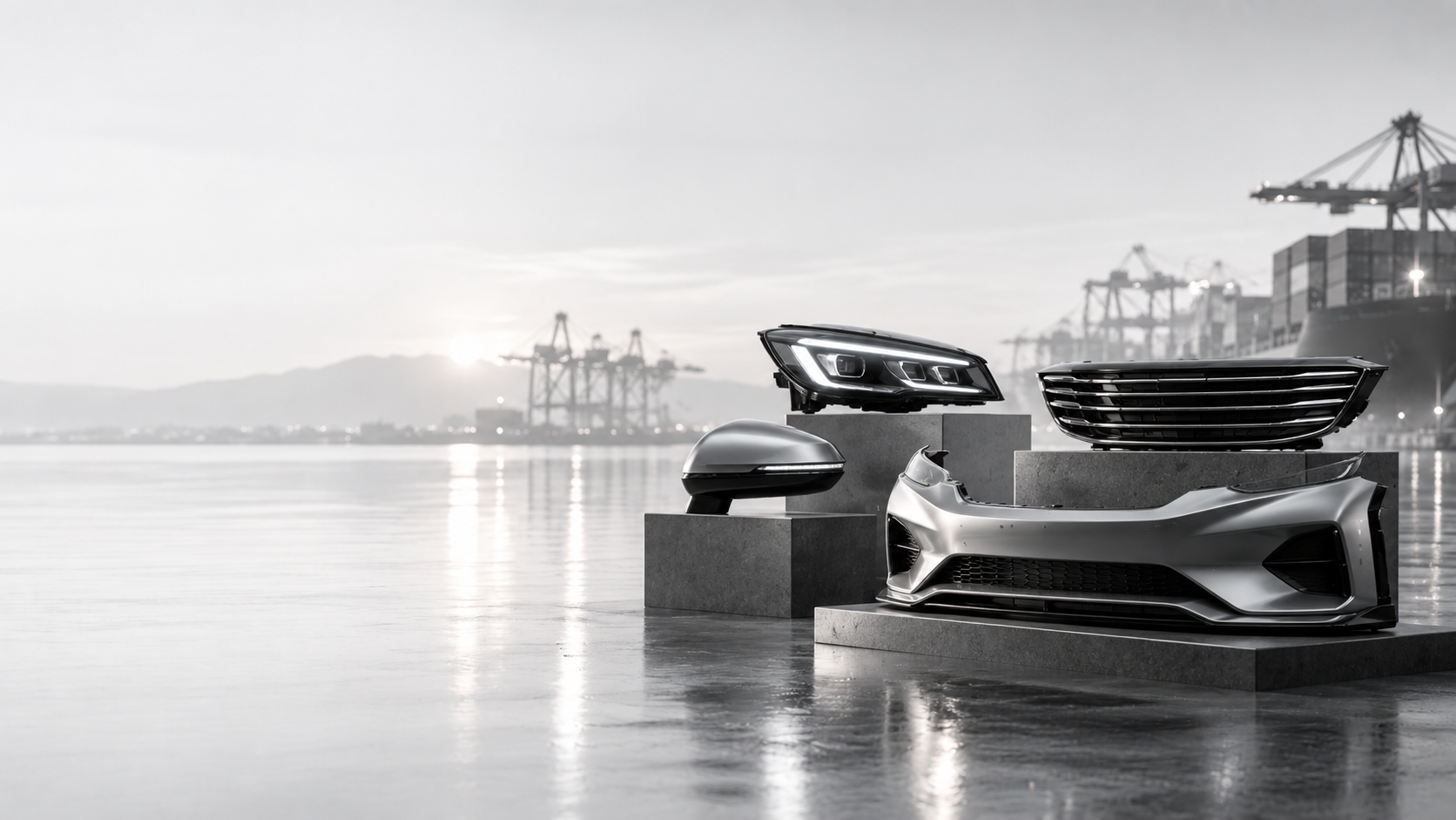 Automotive exterior components — headlights, grille and bumper on display plinths