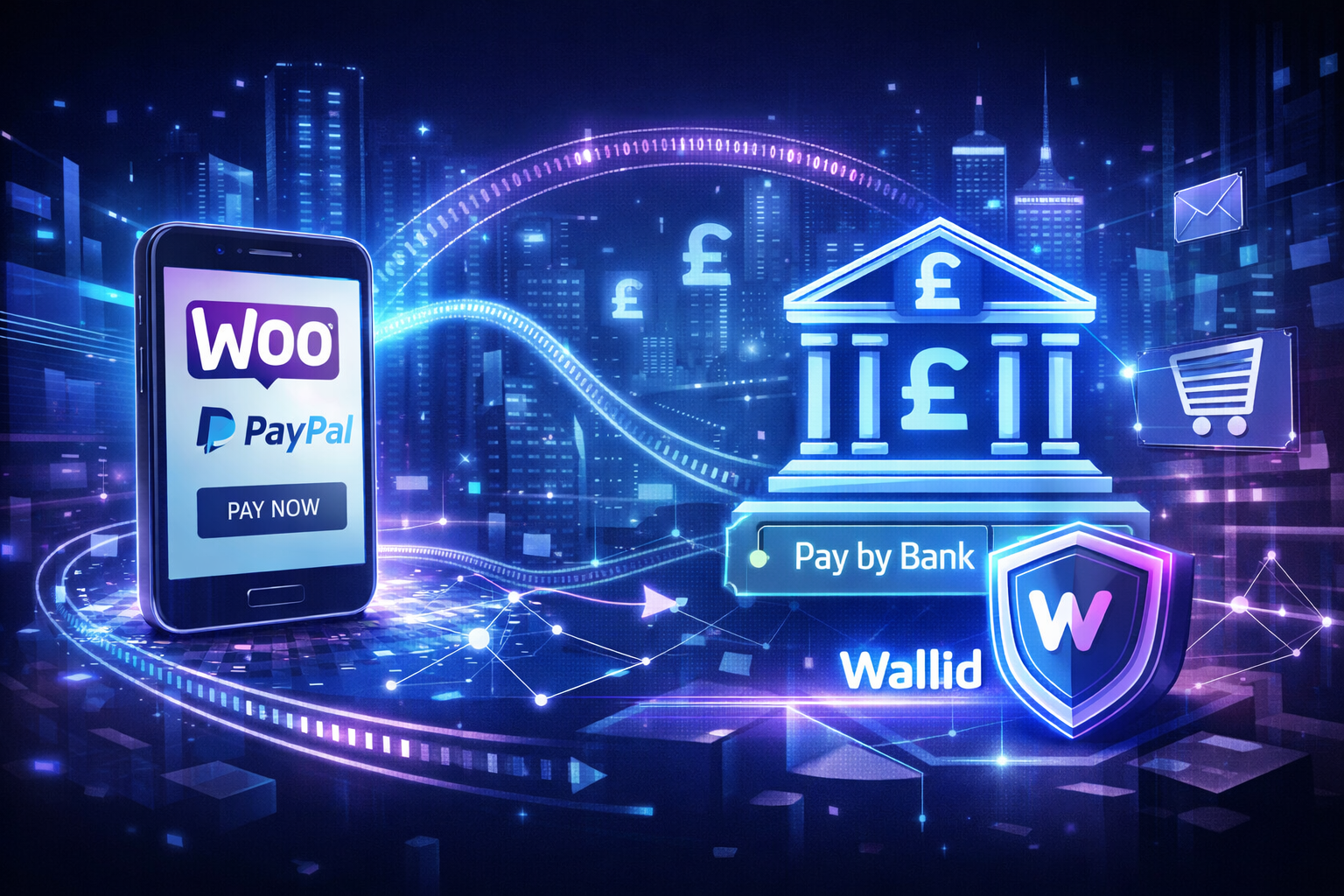 Futuristic illustration of WooCommerce checkout with PayPal payments, digital bank interface, pay-by-bank option, and Wallid branding in a UK-focused fintech environment.
