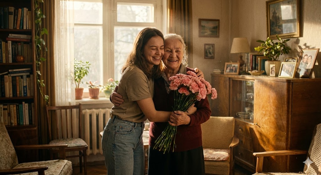 Дочь обнимает маму и дарит цветы на Международный день матери 2026 в уютной домашней обстановке
