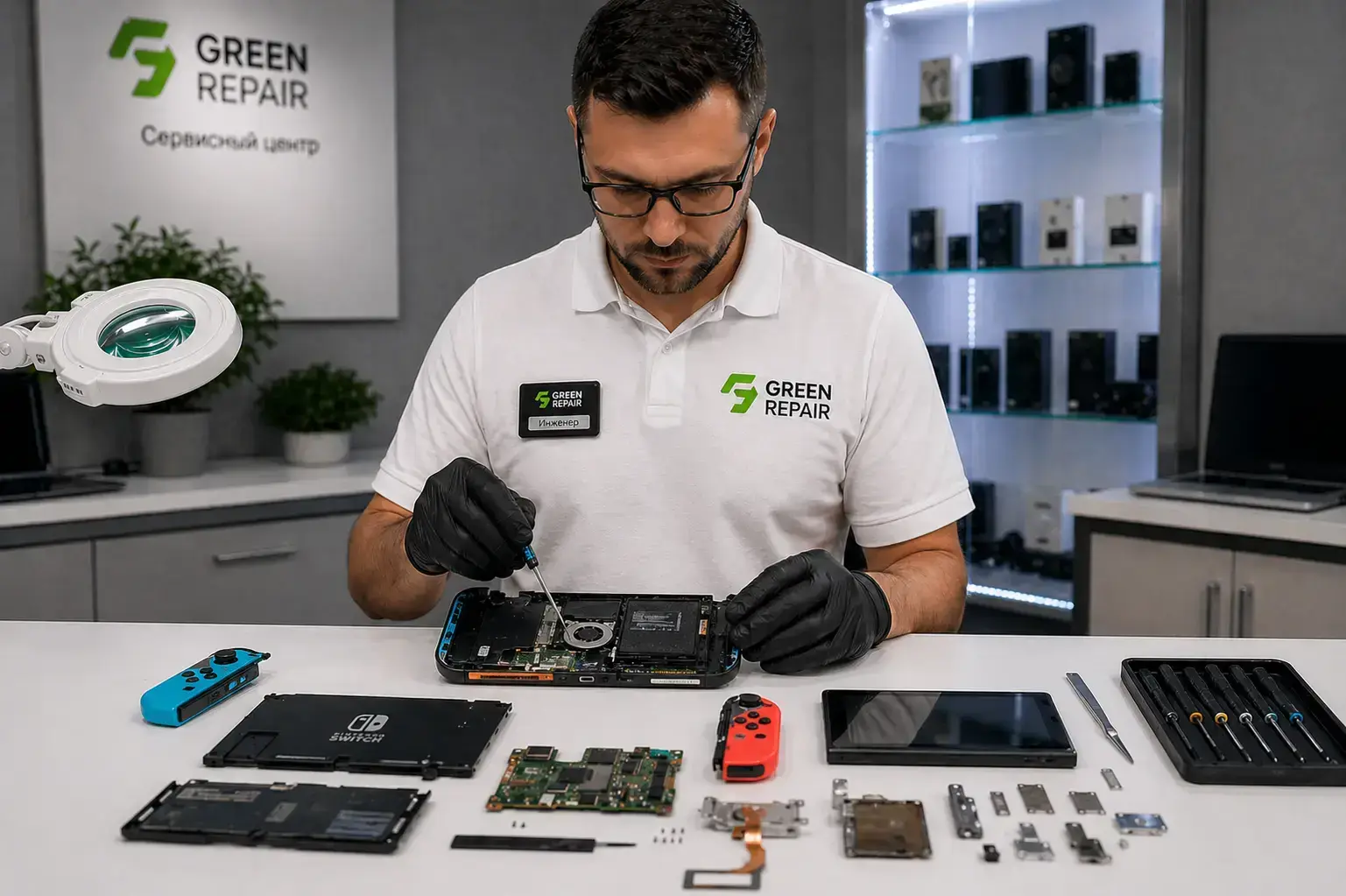 Инженер Green Repair ремонтирует Nintendo Switch в Москве