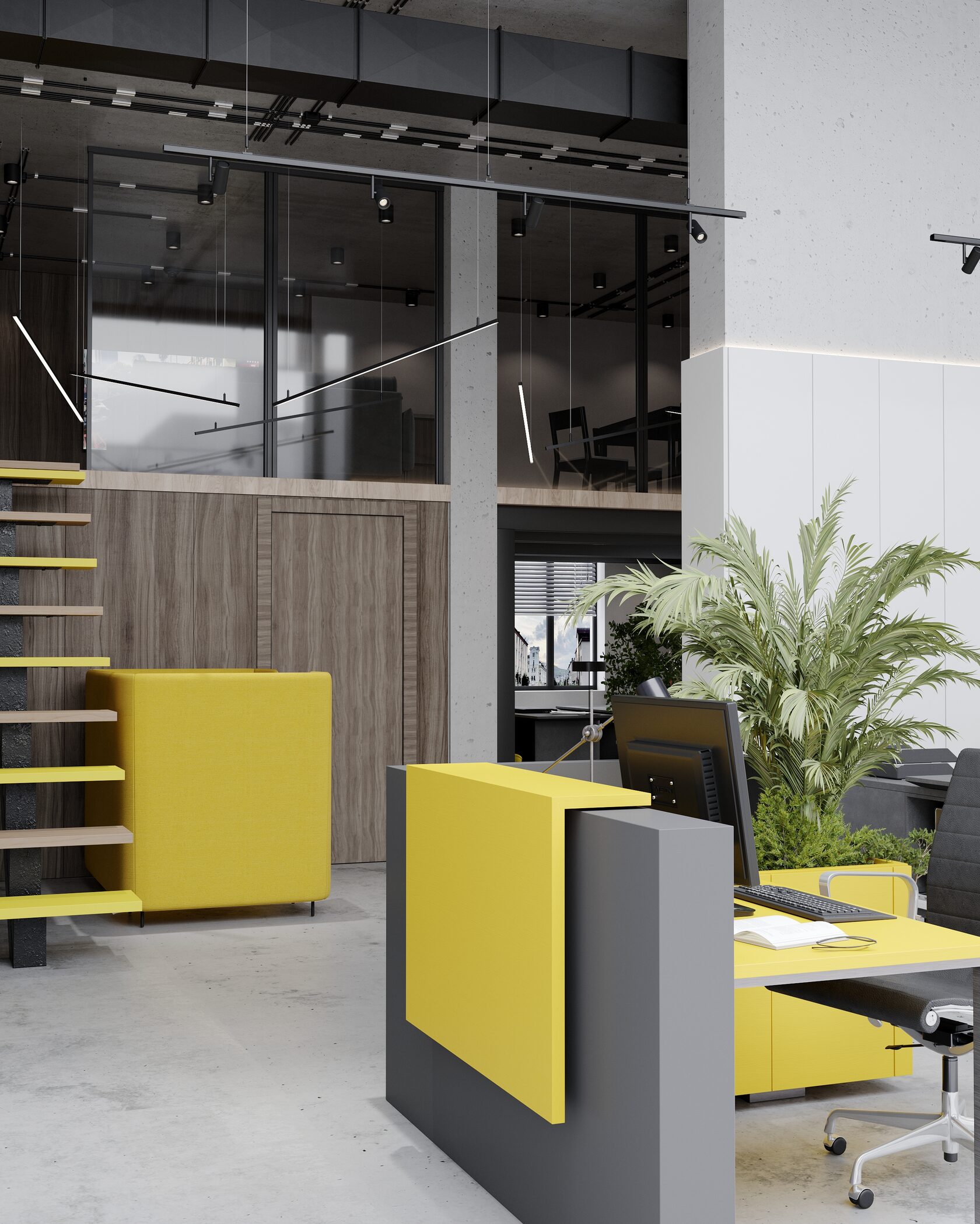 желтый ресепшн при входе в офис 