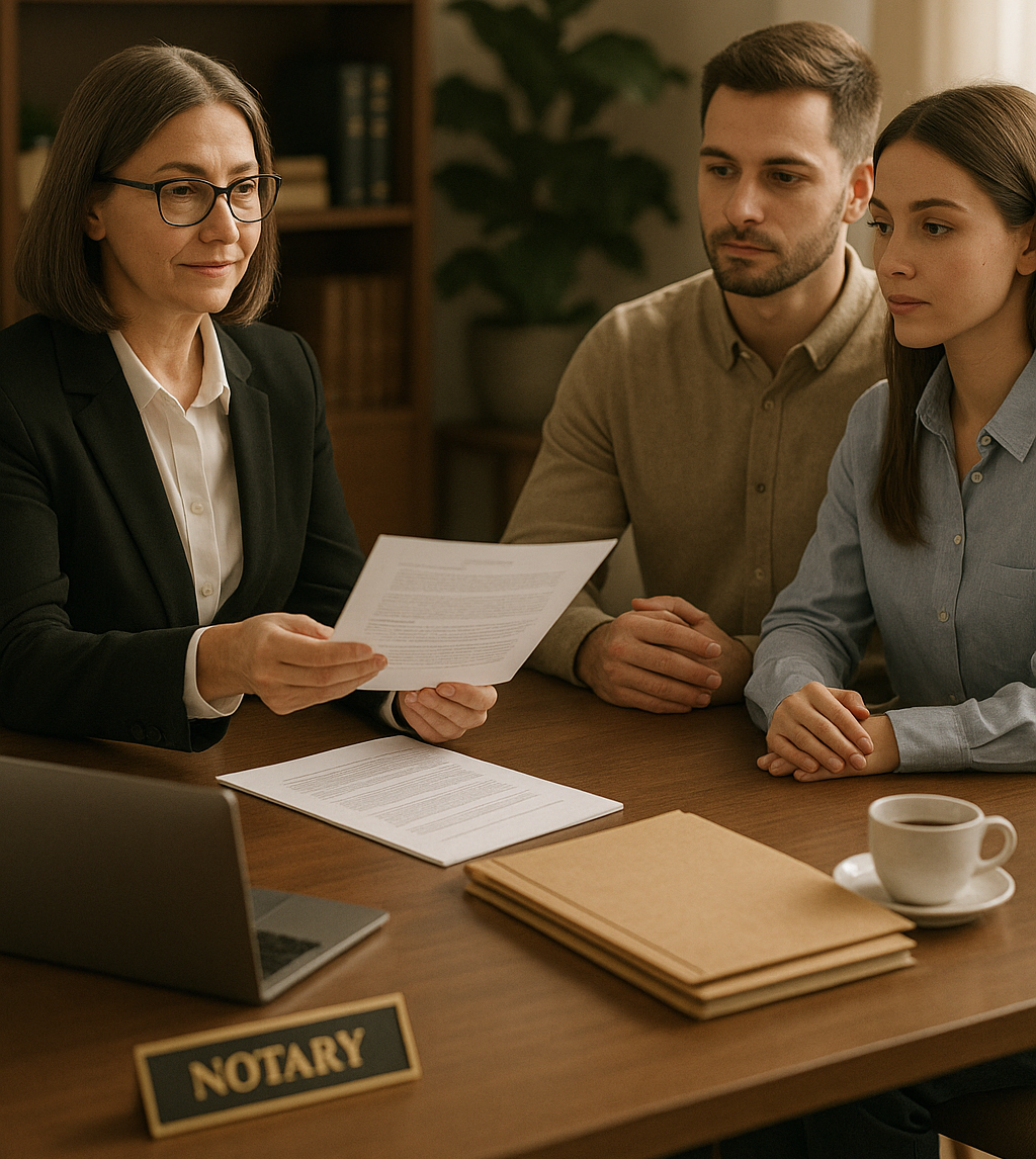 Нотариус держит документ о завещании, обсуждение с мужем и женой