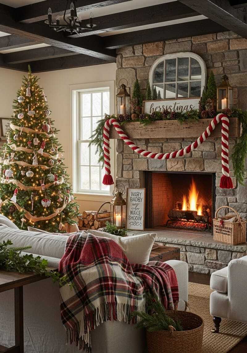 Красная и белая витая шерстяная веревка, имитирующая классические полоски леденца-трости.