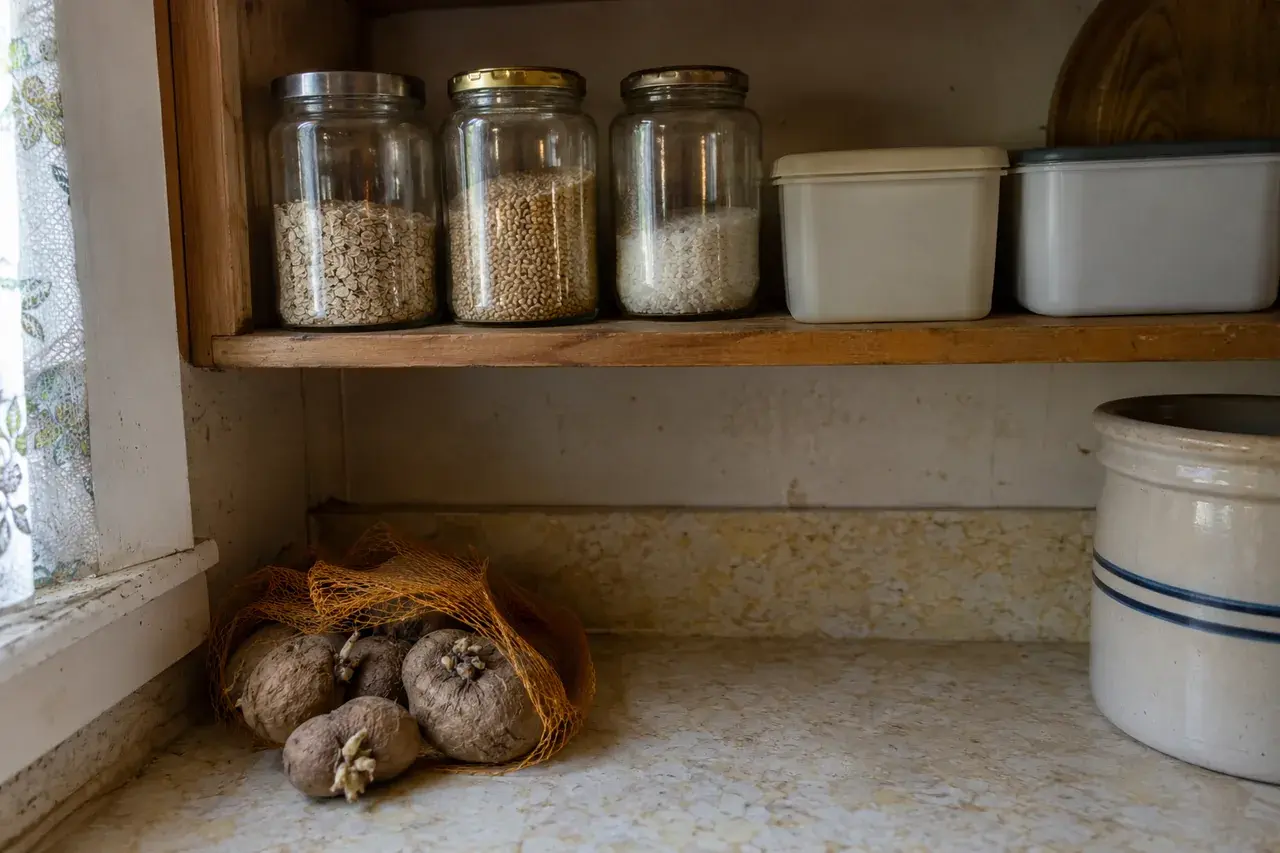 Продукты на полке и старый картофель, оставшийся после отсутствия